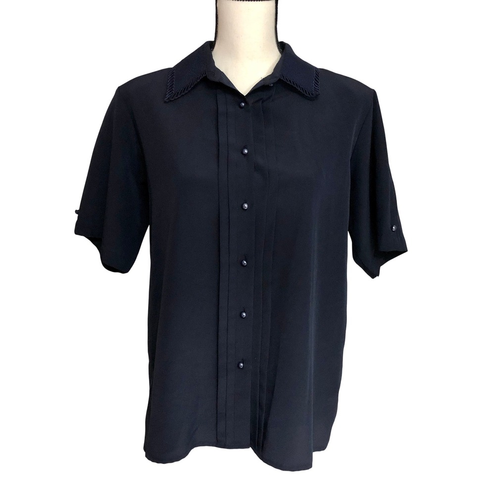 Vintage 90s Button Blouse Womens 10 Navy Blue Textured Collar Pleated Minimalist